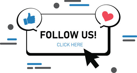 follow us banner vector, social media like heart click icon, subscribe notification template design