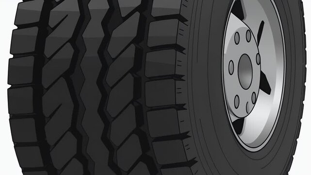A detailed illustration of a vehicle tire, featuring intricate tread patterns and a metallic rim