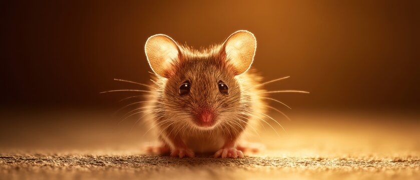 The Mouse Portrait With Golden Backlight And Curious Whiskers On Textured Floor