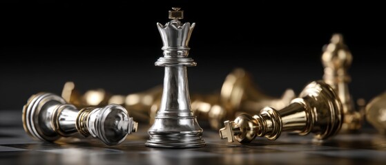 The Silver King Standing Among Fallen Gold Chess Pieces on a Chessboard