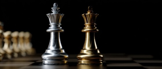 The Silver and Gold Chess Kings Standing Face to Face on Glossy Board