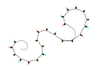 Vibrant multi-colored LED party lights, red, green, blue, yellow, orange, in an S-curve on a transparent background, no shadows, 45-degree overhead view. Commercial product photography concept