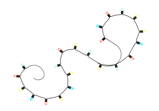 Vibrant multi-colored LED party lights, red, green, blue, yellow, orange, in an S-curve on a transparent background, no shadows, 45-degree overhead view. Commercial product photography concept - Powered by Adobe