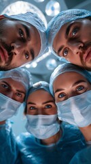 Team of focused surgeons in masks and scrubs looking down at patient under bright operating room lights, dramatic medical perspective concept for healthcare