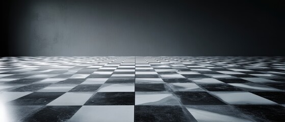 The checkerboard floor stretches into a dramatic moody empty studio with dark backdrop