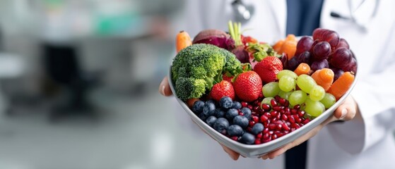 The bowl of fresh fruits and vegetables held by a doctor promoting healthy living