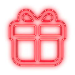 Red neon present icon in bright glow highlighting holiday surprise, party cheer, and seasonal gift exchange