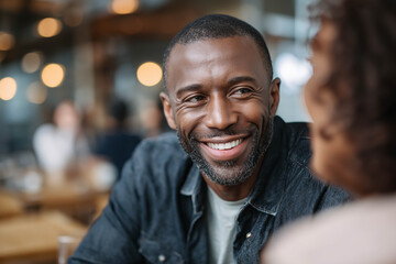 African American man with a joyful smile is engaging in conversation with a woman in a cozy cafe, surrounded by warm lighting and a relaxed atmosphere, showcasing connection and happiness