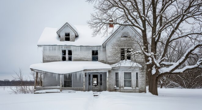 Abandoned farmhouse laden with snow and icicles during winter season