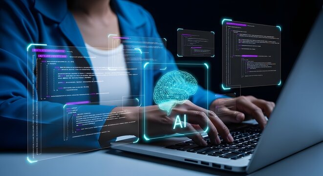 Person typing on a laptop with a glowing ai brain and code interface overlay, representing artificial intelligence and technology