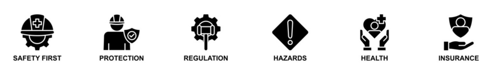Banner web of Work safety icons vector illustration. Concept of safety first, protection, regulations, hazards, health, and insurance. Simple glyph vector illustration.