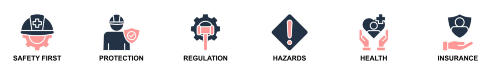 Banner web of Work safety icons vector illustration. Concept of safety first, protection, regulations, hazards, health, and insurance. Simple solid vector illustration.
