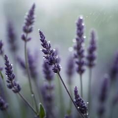 Obraz premium Lavender flowers depicted with delicate, purple petals adorned with droplets of water .Perfect for backgrounds and event backdrops.