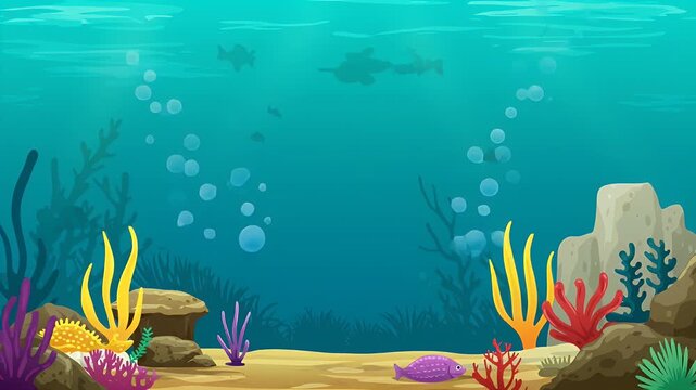 A vibrant, cartoon illustration of an underwater scene featuring fish, coral, and bubbles