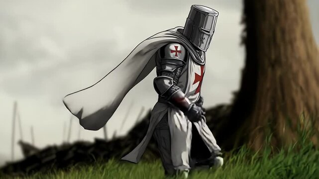 Digitally painted knight in shining armor with a white cape and red cross running through a field