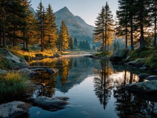 Fototapeta premium A tranquil morning scene of a reflective mountain lake border