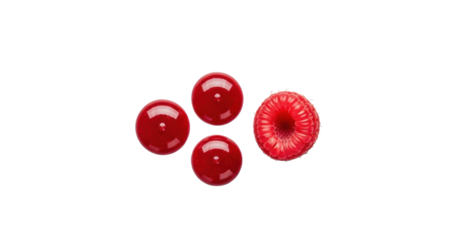 Vibrantly red berry coulis droplets and a pristine ripe raspberry, top-down macro shot on a solid transparent background, professional studio lighting, minimalist still life concept - Powered by Adobe