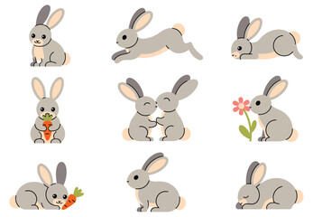 Cute rabbit cartoon character set vector illustration in various poses isolated on white background
