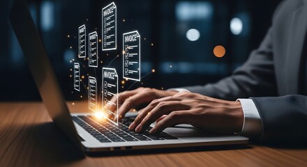 Businessman typing on a laptop with digital documents floating above the keyboard, representing data management and online work