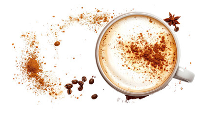Cappuccino coffee drink with creamy milk foam and sprinkled cinnamon powder from top view isolated on solid white background in Png
