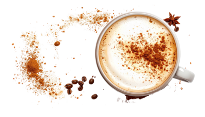 Cappuccino coffee drink with creamy milk foam and sprinkled cinnamon powder from top view isolated on solid white background in Png