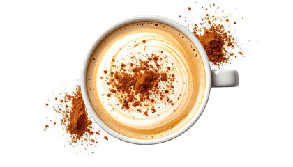 Obraz premium Cappuccino coffee drink with creamy milk foam and sprinkled cinnamon powder from top view isolated on solid white background Png