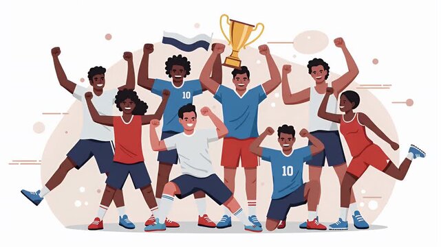 A group of athletes celebrate their victory, holding a trophy and raising arms