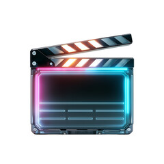 Retro film clapperboard illuminated with vibrant neon pink and blue lights isolated on transparent background