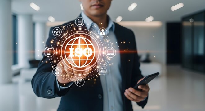 Businessman touching a glowing globe with digital icons representing technology and connectivity, symbolizing global business and innovation in a modern office setting