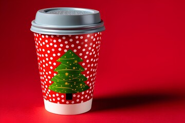 Festive red coffee cup adorned with white polka dots and a green Christmas tree design, set against a vibrant red background, perfect for holiday-themed beverages and seasonal celebrations
