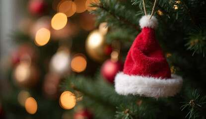 Obraz premium Christmas hat toy hanging on Christmas tree with bokeh background