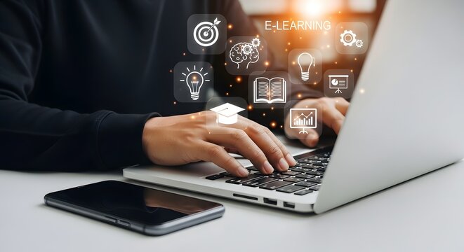Hands typing on a laptop with elearning icons floating above, representing online education and digital learning concepts