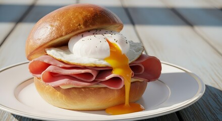 Delicious Breakfast Sandwich with Ham and Poached Egg Fresh and Bright Photo