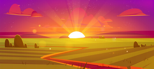 Rural landscape with agriculture fields at sunset. Beautiful Sunset over Rural Landscape with Glowing Fields and Scenic Horizon in Vibrant Colors