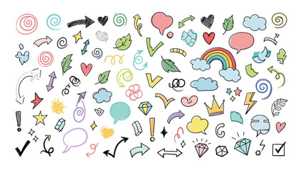 Whimsical hand-drawn doodle collection fun elements for design and creativity featuring hearts stars rainbows and more