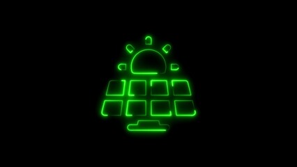 Bright Green Neon Solar Panel Icon with Sun on Black Background glowing