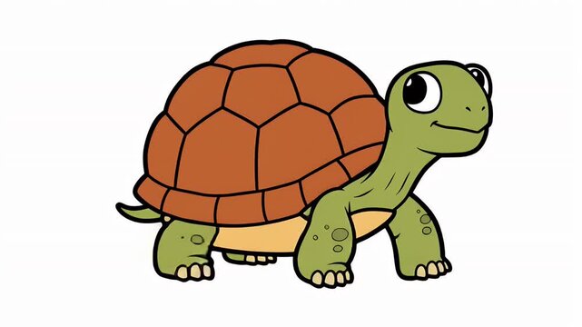 A cartoon tortoise illustration, colored in green and brown, with detailed shell and happy expression