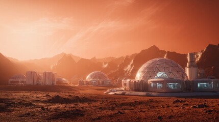 Futuristic mars colony featuring geodesic domes and modular structures amidst an alien landscape