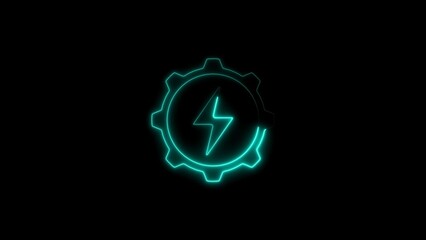 Cyan Neon Lightning Bolt Inside a Gear on Black Background icon power