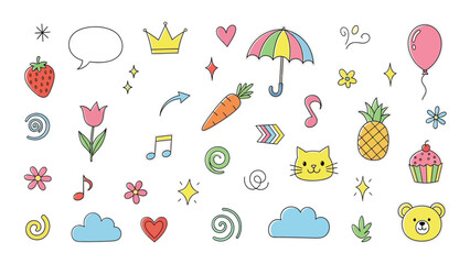 Charming assortment of whimsical hand-drawn icons and elements for creative projects