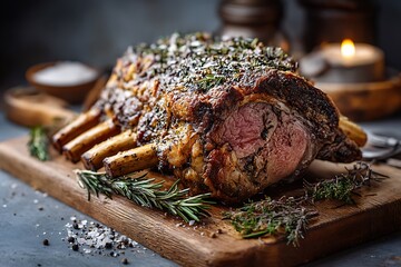 A juicy grass-fed prime rib roast, seasoned with homemade herbs and spices, perfectly cooked and ready to serve, surrounded by rustic kitchen vibes.