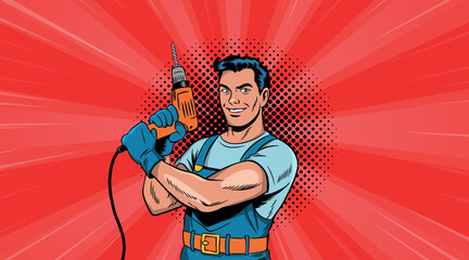Pop art style male worker with a tool. On a red background. Vector pop art style