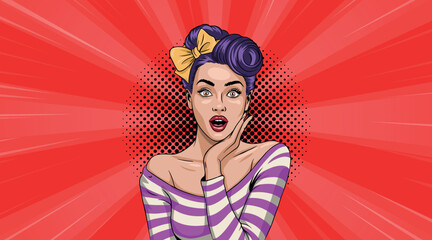 A young, very surprised woman in pop art style. Against a red background. Pop art vector in comic style.