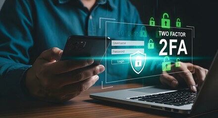 Person using smartphone and laptop for two factor authentication 2fa with digital security icons and padlock symbols, concept of cybersecurity and data protection