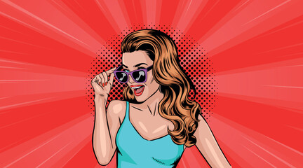 A young woman in pop art style wearing glasses. On a red background. Pop art in comic book style vector.	