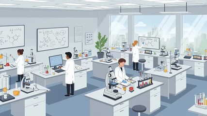 Illustration of a research lab with scientists at work, using equipment, computers, and whiteboards - Powered by Adobe