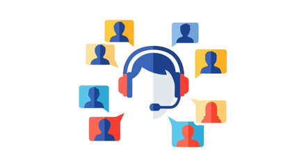 Naklejka premium Customer service representative with headset surrounded by customer icons.