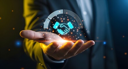 Business partnership and agreement concept with glowing handshake icon and progress bar over a businessmans open palm, symbolizing trust and collaboration in a digital world with bokeh lights