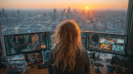 Cityscape Contemplation: A woman, bathed in the golden hues of sunset, gazes at a sprawling city through a panoramic window, framed by the glow of three illuminated monitors. 