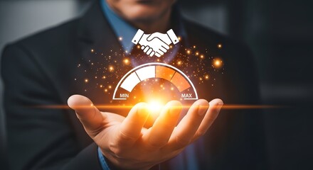 Businessman holding a glowing gauge representing credit score or performance metric with a handshake icon above, symbolizing trust and agreement in business